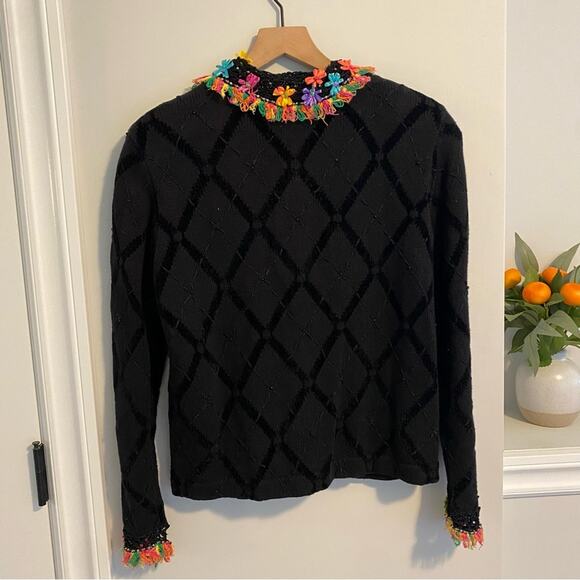 Vintage BEREK 2 Black Beaded Rainbow Floral Cardigan Sweater Small - Picture 6 of 13
